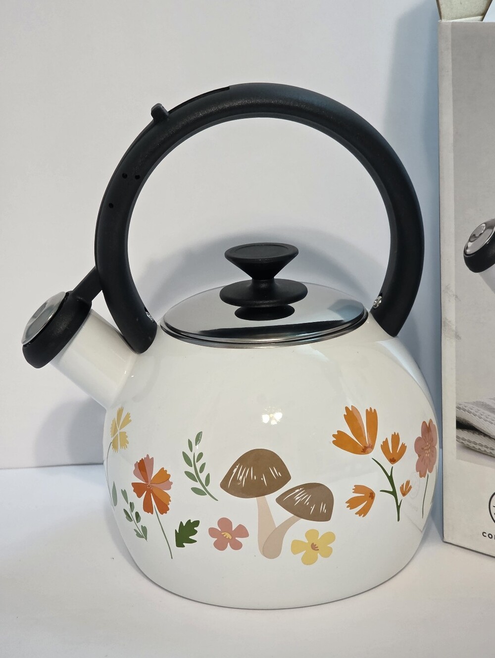 Martha Stewart White Tea Kettle with Black Handle and Floral Mushroom Accents - Picture 6 of 7